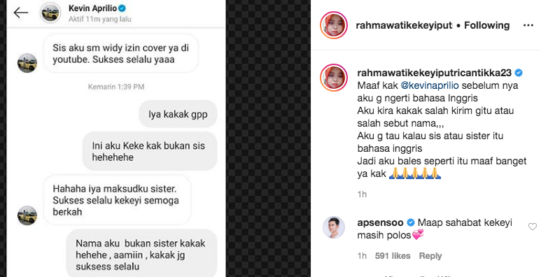 Unggahan selebgram Kekeyi saat meminta maaf lantaran tidak mengetahui kata sis/sister dalam bahasa Inggris. (Foto: Dok @rahmawatikekeyiputricantikka23)