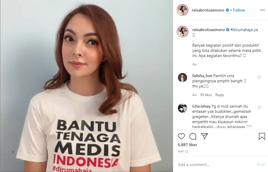 Reisa Broto Asmoro mengingatkan untuk di rumah saja lewat akun Instagramnya. (Instgaram@reisabrotoasmoro)