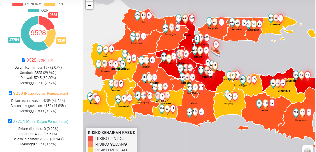 Peta sebaran virus corona atau Covid-19. (Grafis: infocovid19.jatimprov.go.id)
