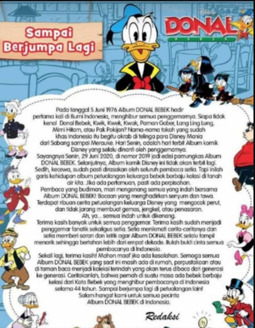 Pengumuman Redaksi Album Donal Bebek yang berhenti terbit pada Senin, 29 Juni 2020. (Foto: Twitter)