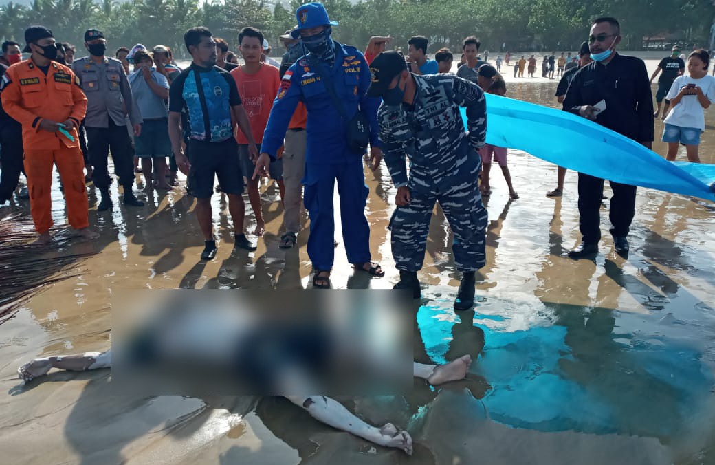 Petugas SAR Gabungan mengecek mayat yang diyakini mayat Krisna yang terdampar di Pantai Mustika. (Foto: Istimewa)