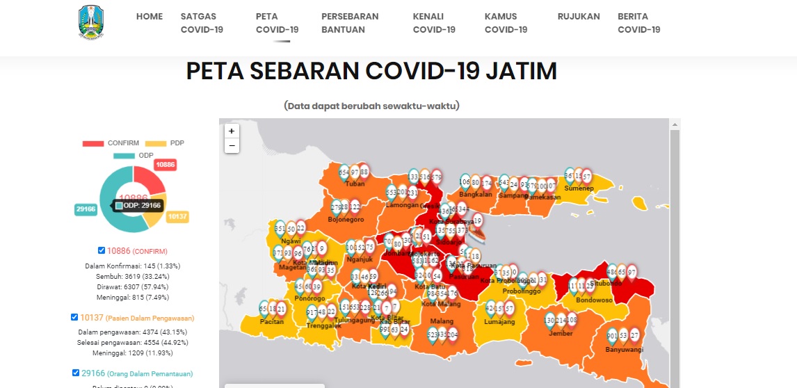 Ilustrasi peta sebaran Covid-19 Jatim per tanggal 26 Juni 2020. (Foto: Tangkapan Layar)