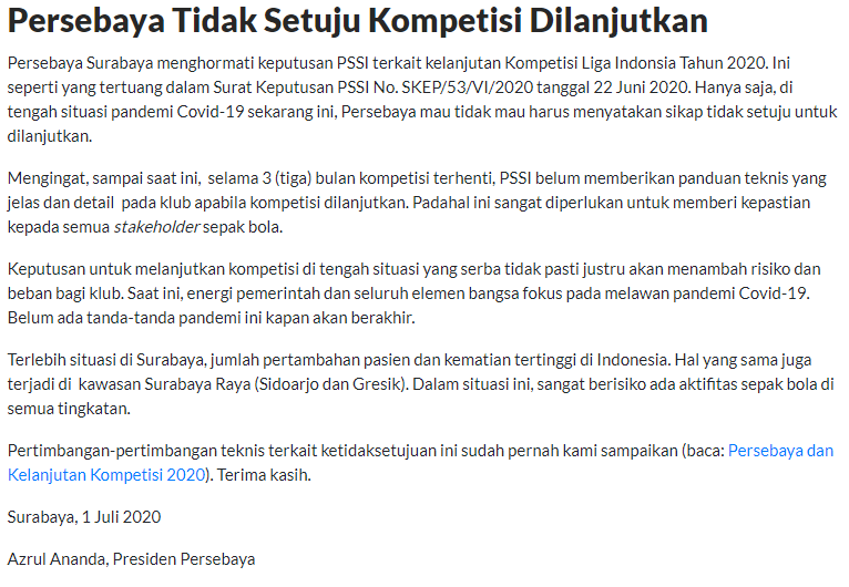 Surat terbuka Presiden Persebaya, Azrul Ananda dikutip dari Persebaya.id.