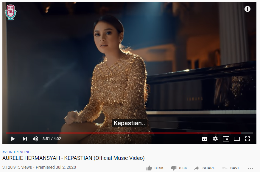 Video musik Aurel Hermansyah berjudul Kepastian trending nomor 2 di YouTube. (Foto: MyMusic Record)