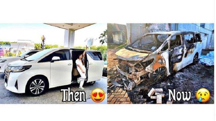 Kondisi mobil pedangdut Via Vallen saat masih baru (kiri), dan setelah dibakar oknum yang mengaku fans. (Foto: Instagram @viavallen)