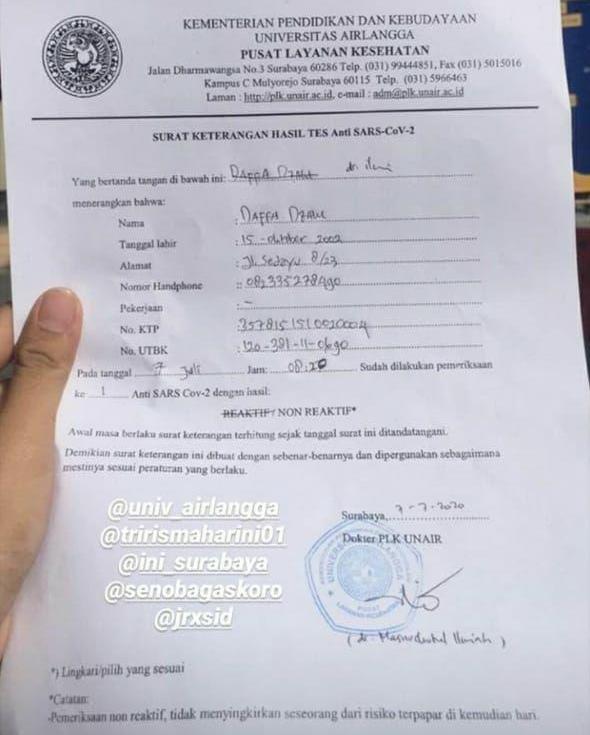 Hasil rapid test Daffa Dzaki yang non reaktif kemudian ditukar dengan reaktif sesaat sebelum masuk ruangan untuk mengikuti tes UTBK di Unair, pada 7 Juli 2020, lalu. (Instagram) 