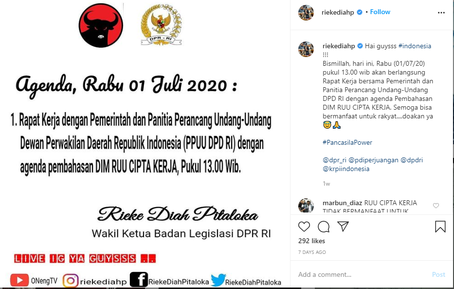 Rieke Diah Pitaloka masih menjabat Wakil Ketua Badan Legislasi (Baleg) DPR RI per 1 Juli 2020. (Foto: Instagram @riekediahp)