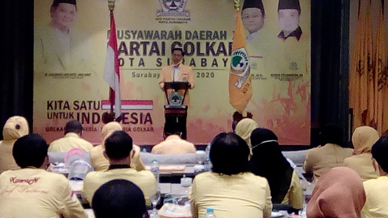 Arif Fathoni dalam acara Musda Golkar. (Foto: Alief/ ngopibareng.id)