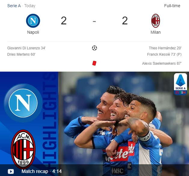 Napoli Vs AC Milan berbagi poin 2-2 di San Paolo, Senin 13 Juli 2020 dini hari WIB. (Foto: Google)