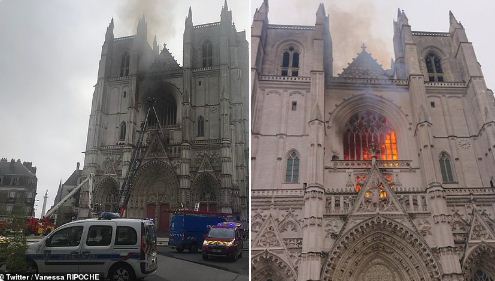 Katedral di Nantes, Prancis terbakar. (Twitter @mailonline)