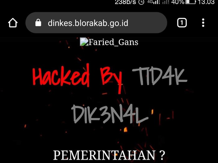 Tampilan website Dinas Kesehatan Kabupaten Blora saat diretas hingga akhirnya down. (Foto: dinkes.blorakab.go.id)