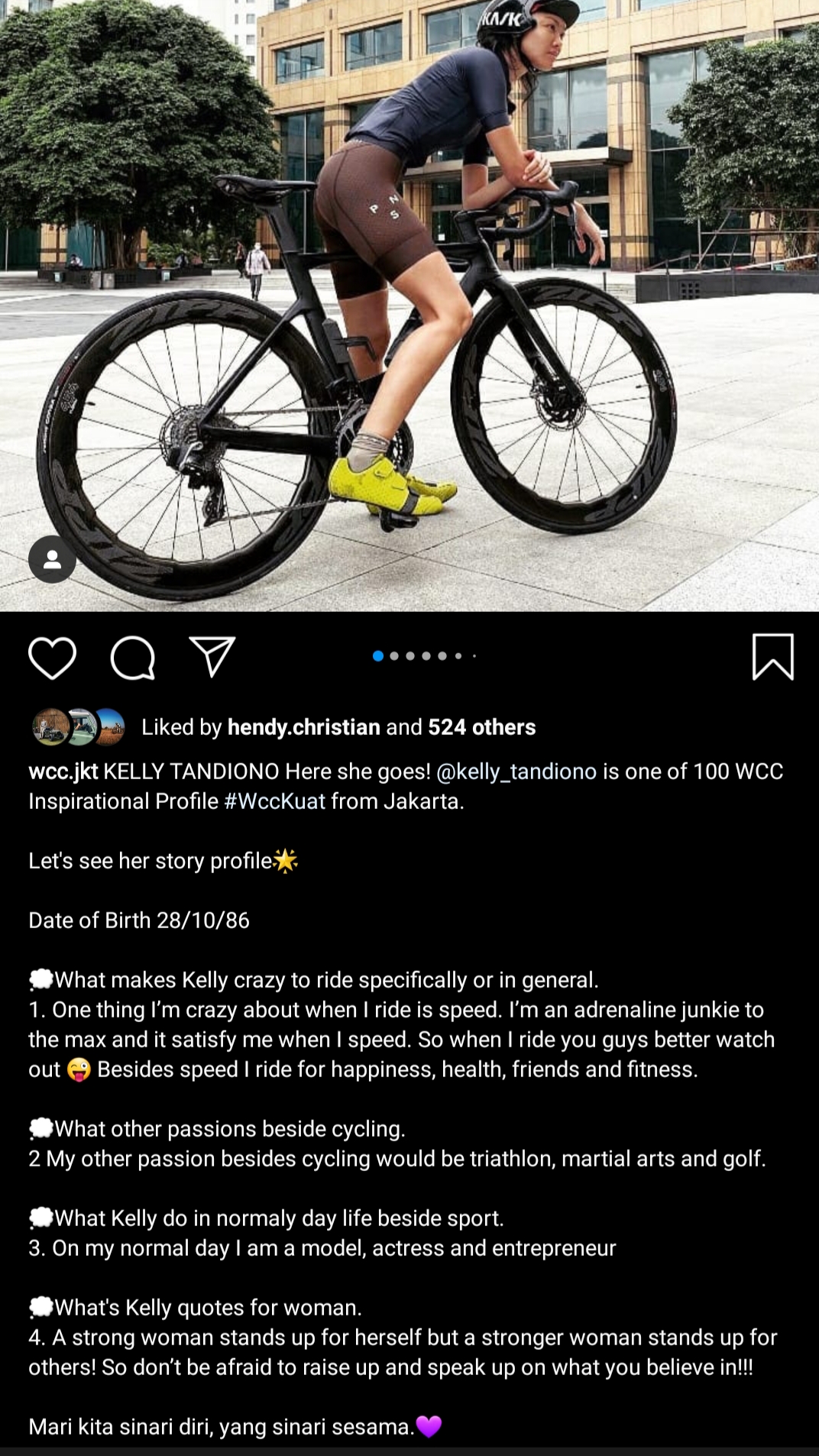Kelly Tandiono, satu dari 100 Cyclist Perempuan Inspirasional. (Foto: Instagram @kelly_tandiono)