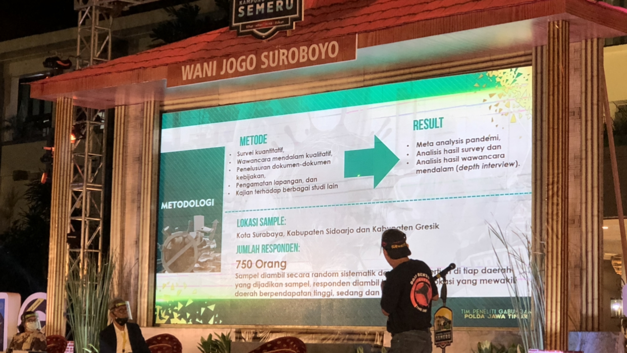 Research Profesor LIPI/Puskesmas Universitas Bhayangkara Jakarta, Prof (Ris) Hermawan Sulistyo, ketika memaparkan hasil surveinya di Balai Kota Surabaya, dalam acara Ekspos Hasil Survei Pencegahan dan Pengendalian Covid-19 Jatim’, di Balai Kota Surabaya pada Rabu, 12 Agustus 2020. (Foto: Andhi Dwi/Ngopibareng.id)