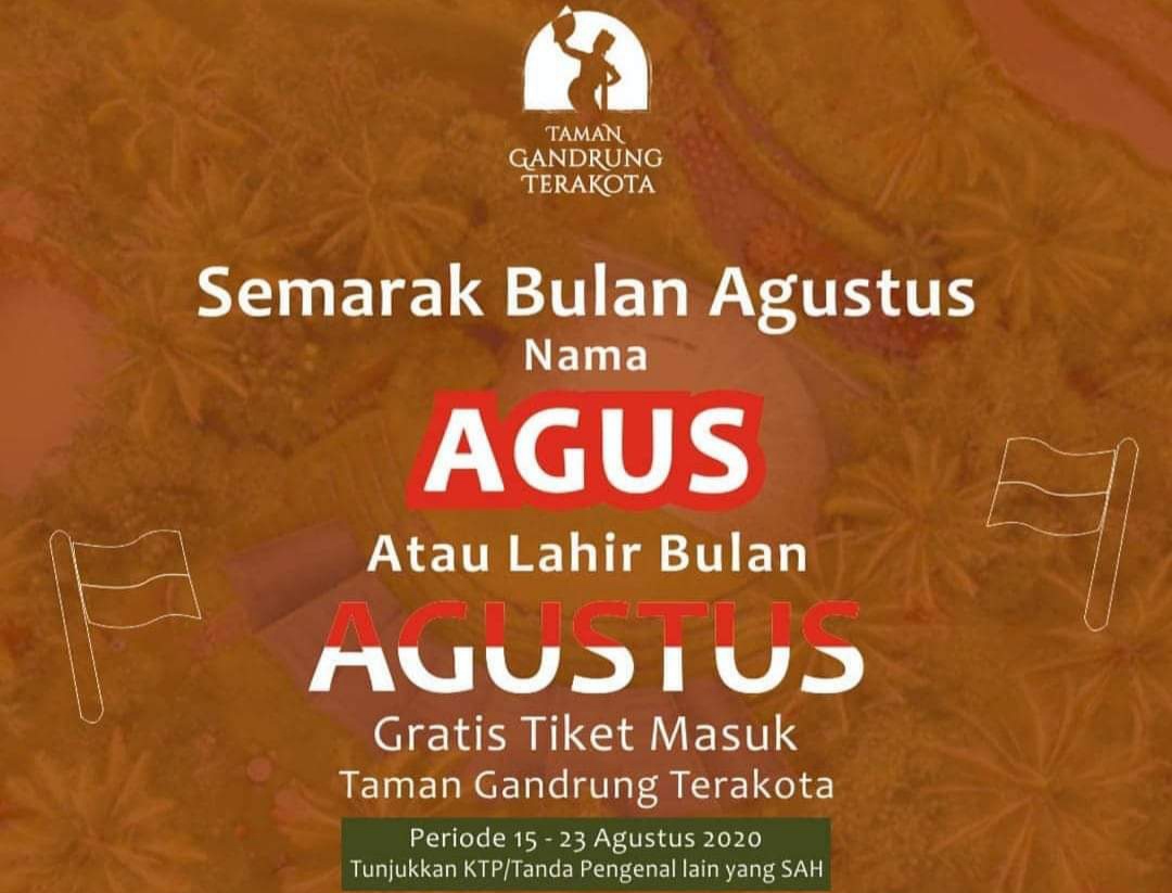 Promo tiket gratis bagi pemilik nama Agus dari management destinasi wisata Taman Gandrung Terakota (foto: istimewa)