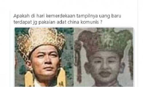 Unggahan yang membandingkan gambar pakaian adat China dengan gambar pada uang kertas Rp 75.000. (Foto:Istimewa)