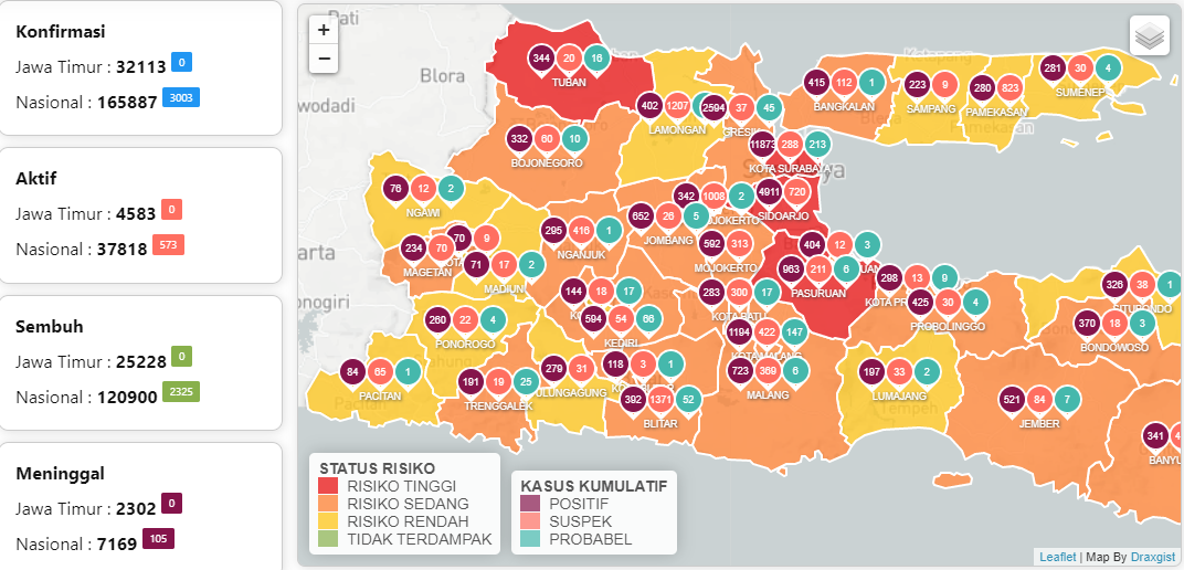 Peta sebaran virus corona di Provinsi Jawa Timur, Jumat 28 Agustus 2020. (Foto: http://infocovid19.jatimprov.go.id/)
