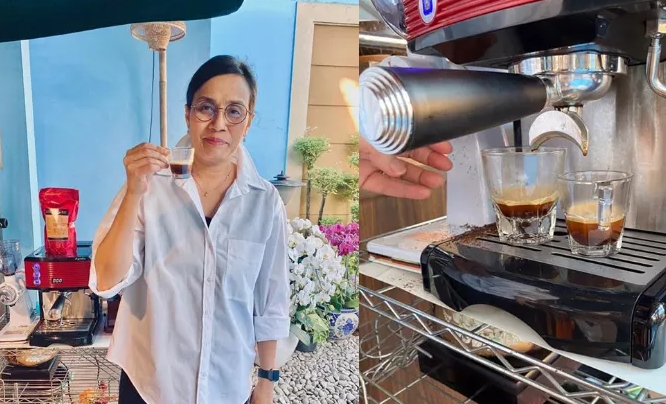 Menteri Keuangan Sri Mulyani meracik kopi. (Foto: Instagram @smindrawati)