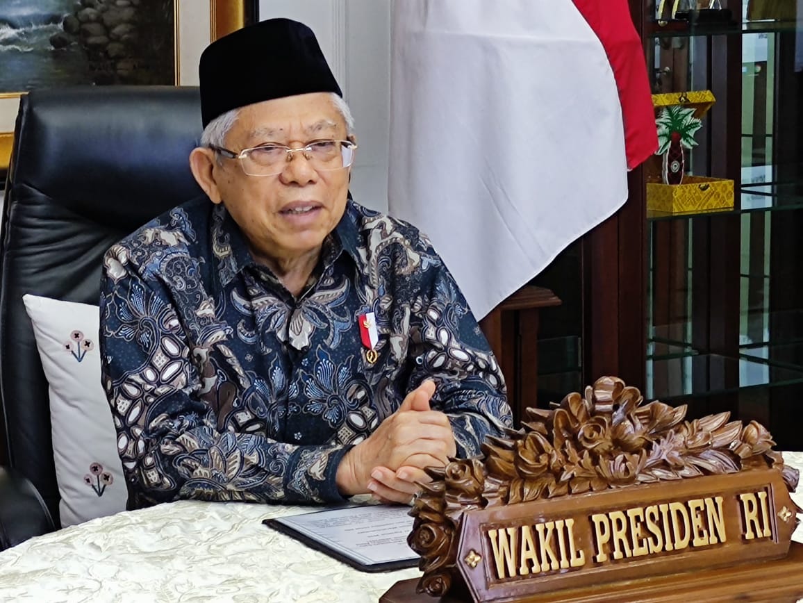 Wakil Presiden (wapres) Ma'ruf Amin pada Pembukaan Pengenalan Kampus Universitas Katolik Atma Jaya (Unika Atma Jaya) melalui konferensi video. (Foto: Setwapres)