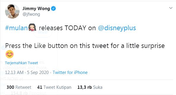 Selebritis Jimmy Wong mengabarkan tentang fitur baru Twitter dengan #Mulan. (Twitter)