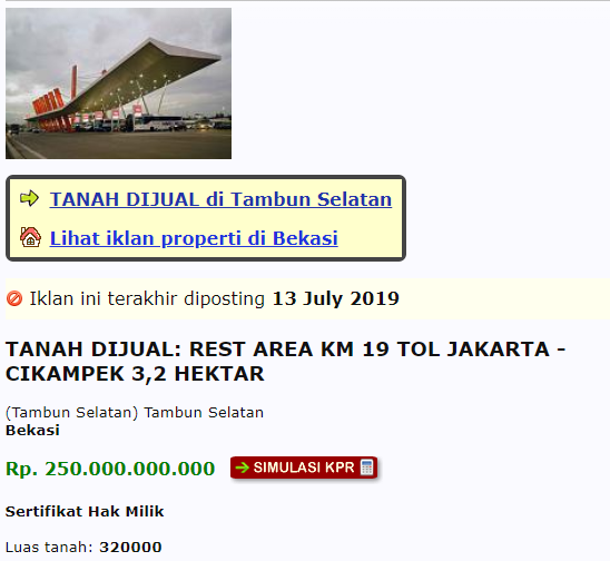 Rest Area dijual di situs jual beli rumah atau tanah. (Foto: Twitter)