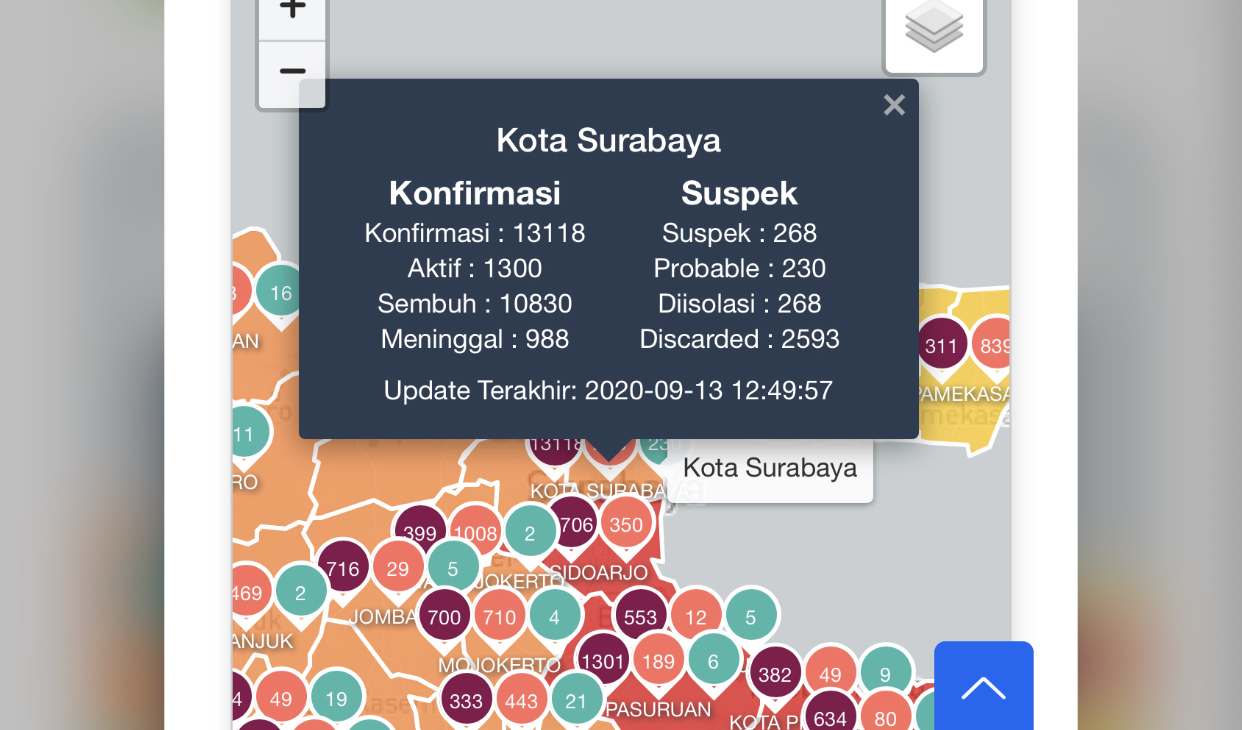 Peta risiko yang ada di laman http://infocovid19.jatimprov.go.id/  . (Tangkapan kayar)