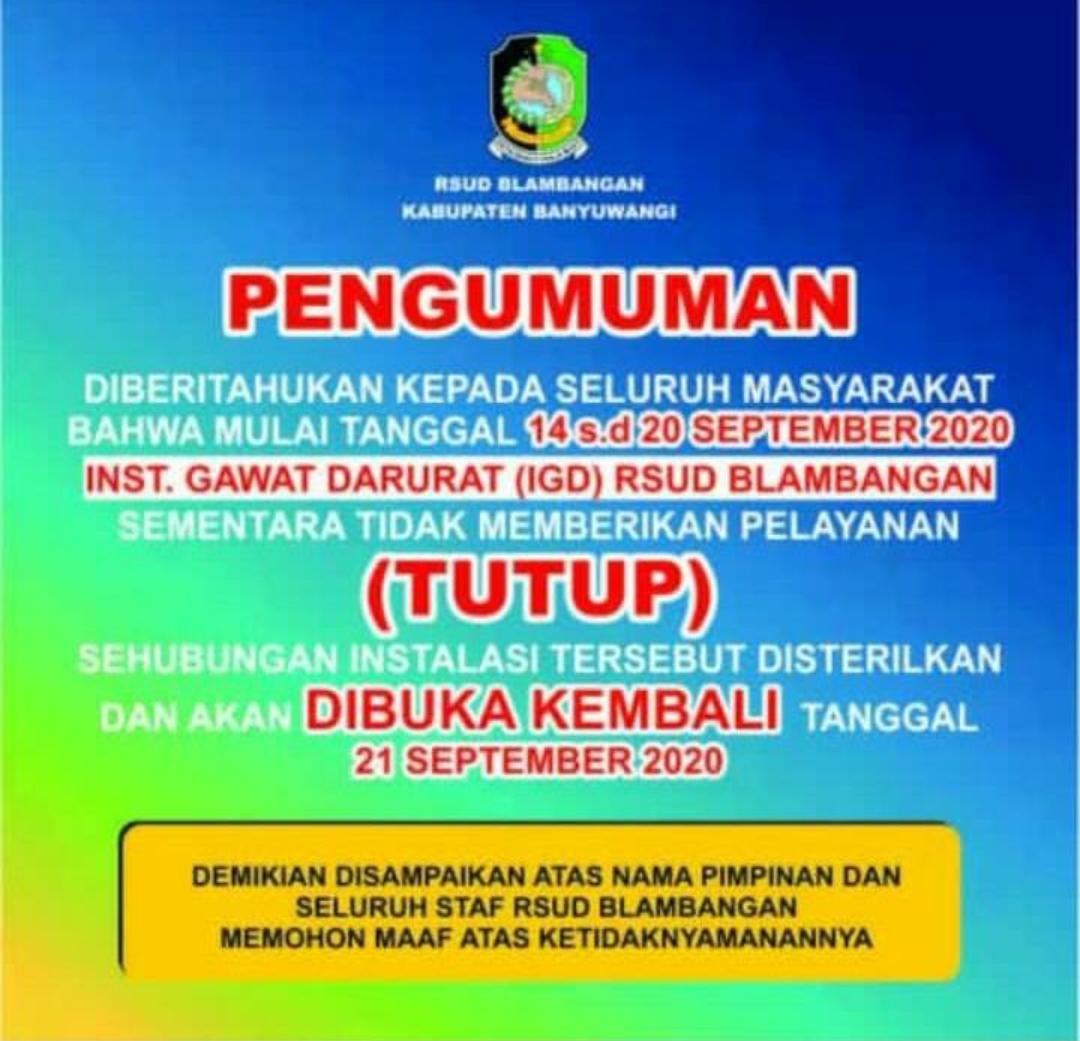 Ini pengumuman yang menyebut IGD RSUD Blambangan tutup untuk sementara waktu. Pengumuman ini dibantah Dinas Kesehatan Banyuwangi. (Foto: Istimewa)