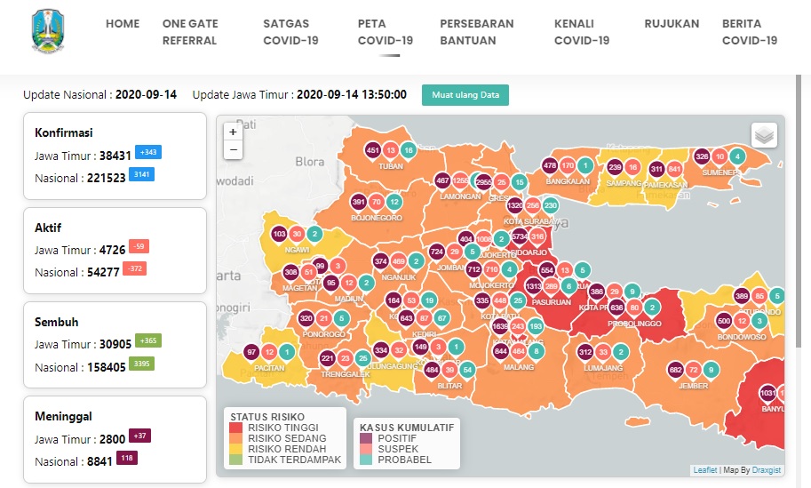 Update penyebaran Covid-19 Jatim. (Foto: Tangkapan Layar)