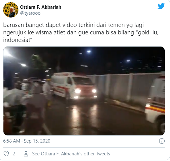 Tangkapan layar antrean ambulans di Rumah Sakit Darurat (RSD) Wisma Atlet Kemayoran, Jakarta, Selasa 15 September 2020. (Foto: Twitter)