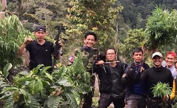 Petugas dari Polda Bengkulu berada di ladang ganja yang ditanam bersama dengan tanaman kopi. Rejang Lebong, Provinsi Bengkulu. (Foto:LampungPro)