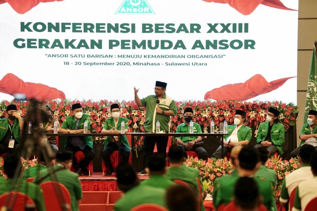 Ketua Umum Pimpinan Pusat GP Ansor Yaqut Cholil Qoumas dalam Konbes di Minahasa, Sulawesi Utara. (Foto: gp-ansor)