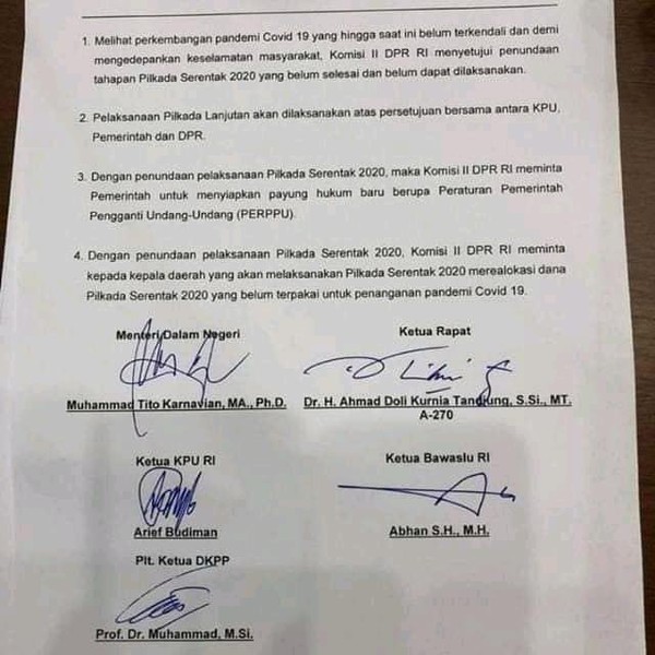 Penggalan surat persetujuan  penundaan Pilkada serentak dari September ke Desember 2020, yang diputuskan bulan Maret. (Foto: Istimewa)