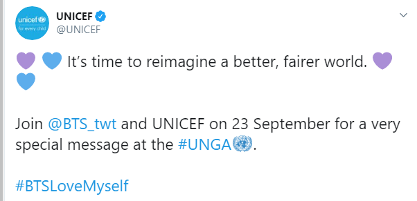 Cuitan UNICEF tentang agenda BTS dalam sidang umum PBB. (Tangkapan layar/Twitter)