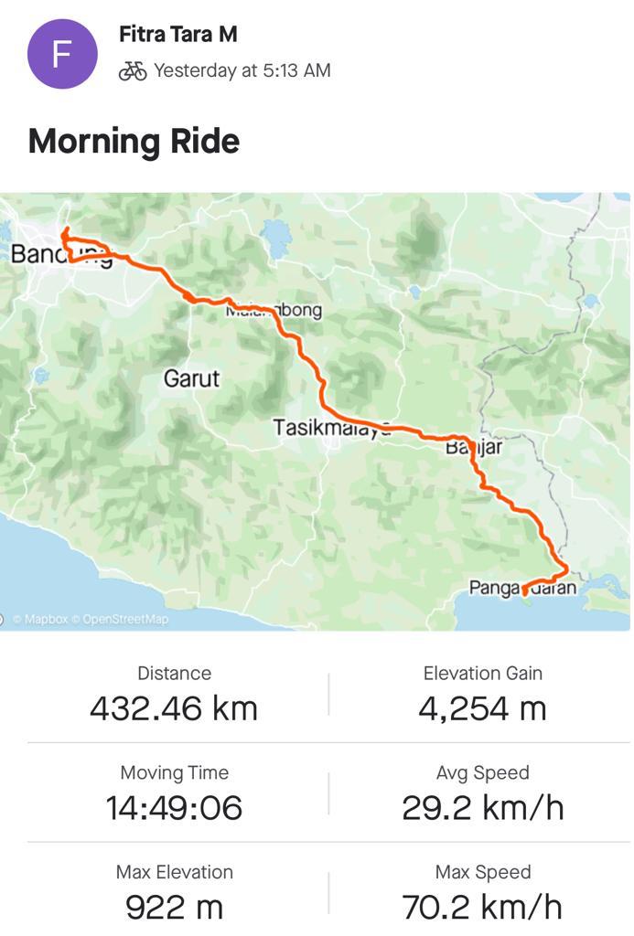 Catatan waktu dan jarak yang tercatat di aplikasi Strava.