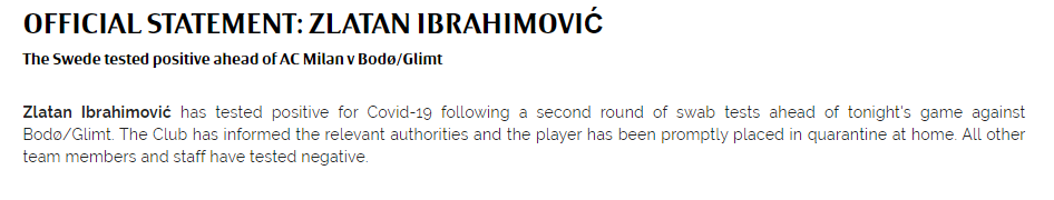 Pernyataan resmi AC Milan perihal status Zlatan Ibrahimovic positif Covid-19. (Foto: Twitter AC Milan)