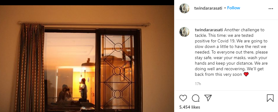 Twinda Rarasati menyampaikan kondisinya berstatus positif Covid-19 lewat unggahan akun Instagram. (Foto: Instagram)