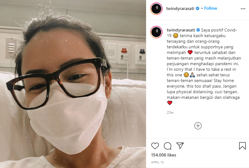 Twindy Rarasati menyampaikan kondisinya berstatus positif Covid-19 lewat unggahan akun Instagram pada April 2020. (Foto: Instagram)