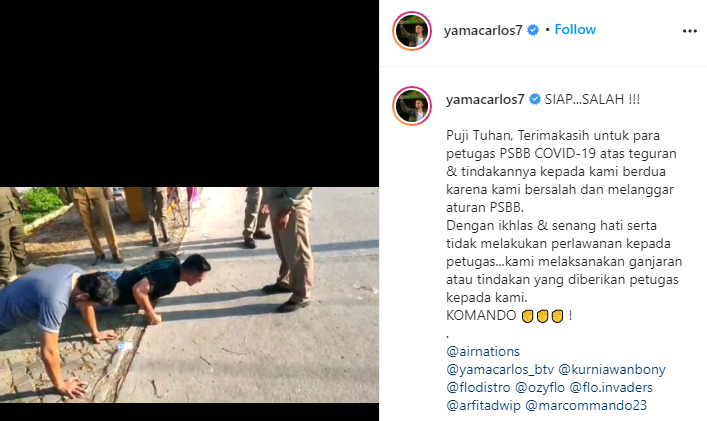 Aktor Yama Carlos push up di pinggir jalan karena mengabaikan protokol Covid-19. Ia tak pakai masker di dalam mobil. (Foto: Instagram @yamacarlos7)