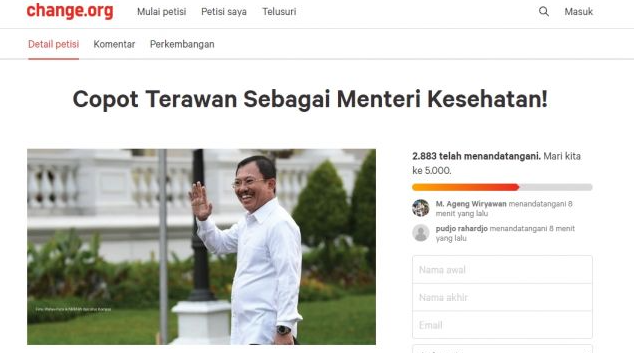 Petisi Copt Terawan sebagai Menteri Kesehatan di change.org. (Foto: Tangkapan layar)