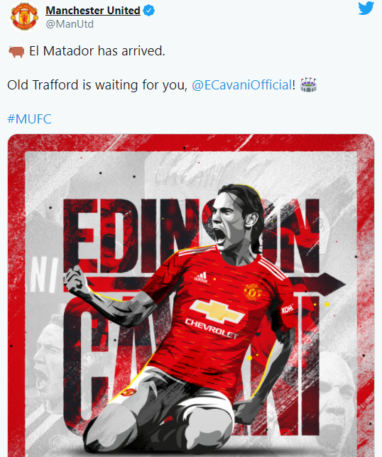 Manchester United (MU) mendatangkan Edinson Cavani dengan status free transfer. (Foto: Twitter MU)