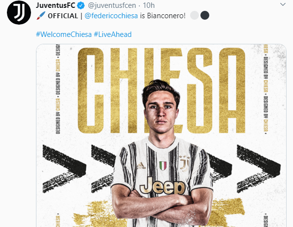 Juventus resmi memperkenalkan Federico Chiesa di akun resmi Twitter @juventusFC. (Foto: Dok. Juventus)