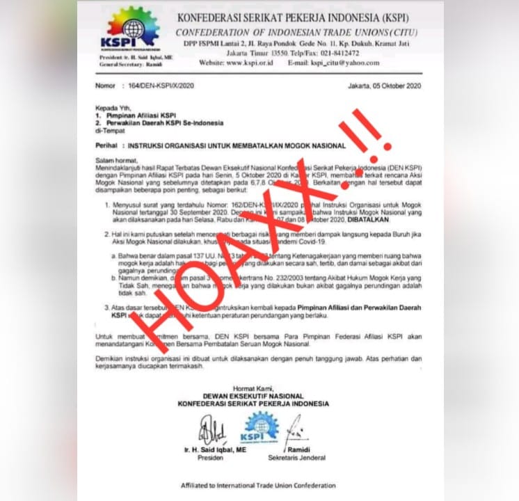 Surat pembatalan mogok nasional yang dikeluarkan KSPI ternyata palsu. 