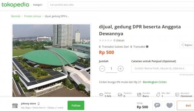 Sejumlah tampilan toko-toko online menjual gedung DPR RI dengan harga yang murah. (Foto: Tangkapan layar)