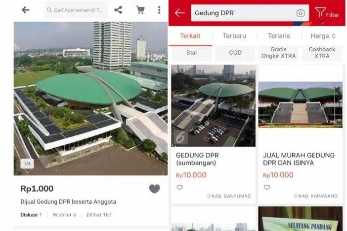 Sejumlah platform jual beli online menampilkan penjualan gedung DPR dan isinya dengan murah. (Foto: Ant)