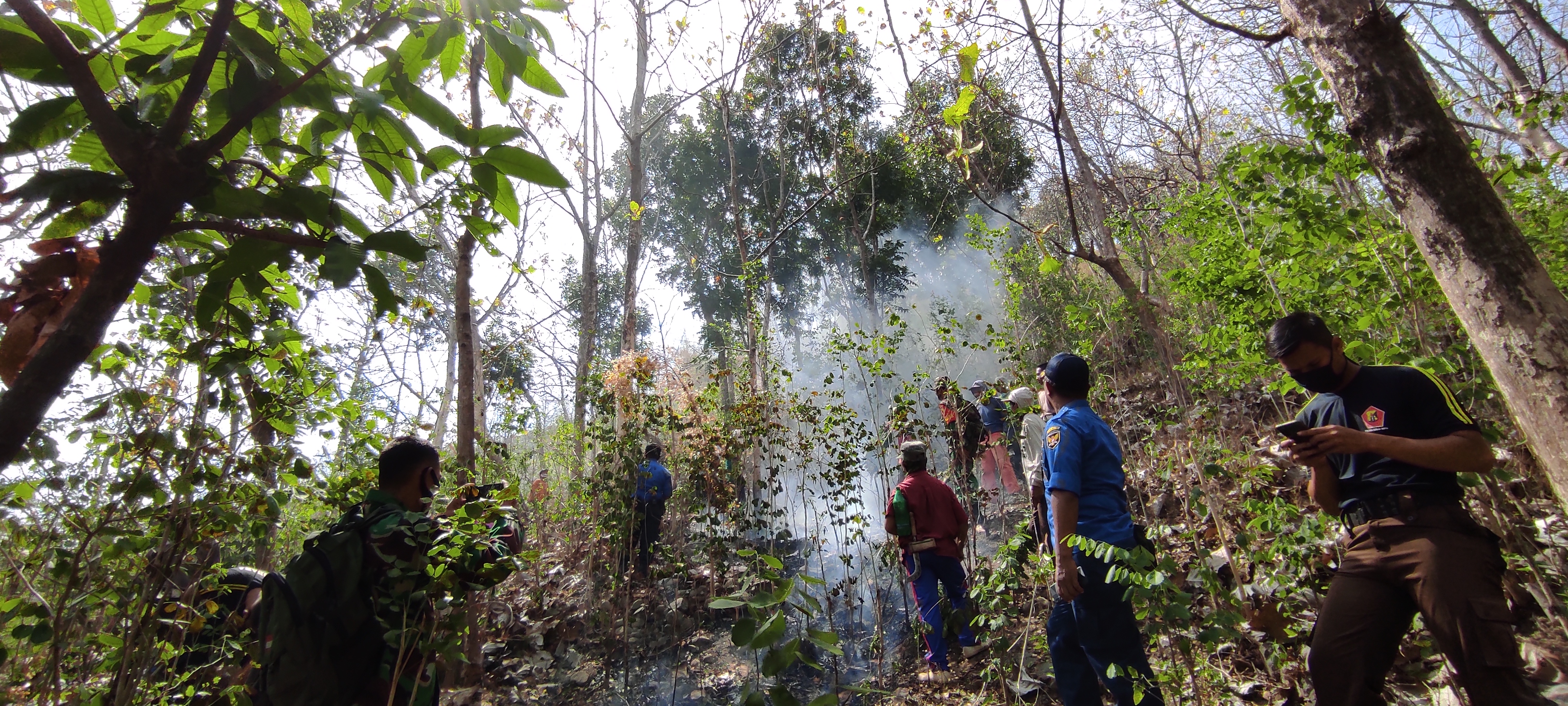 Simulasi terjadinya kebakaran hutan yang berusaha dipadamkan petugas gabungan dan warga. (Foto: Fendhy Plesmana/Ngopibareng id)