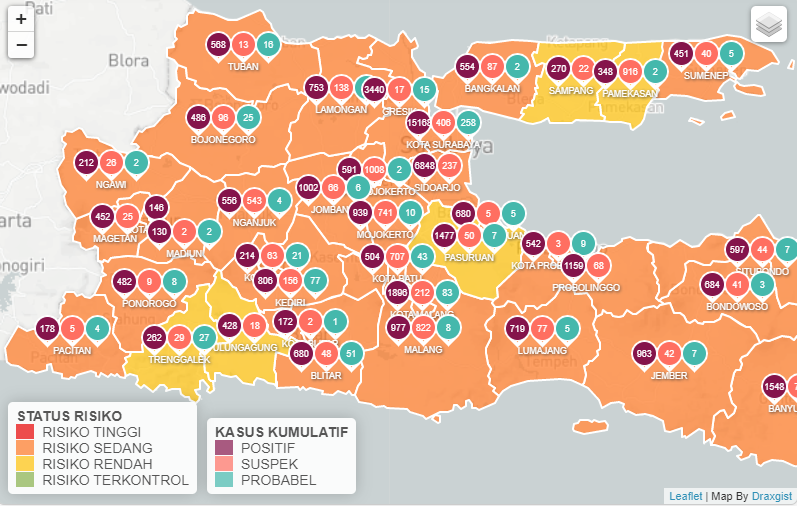 Peta sebaran Covid-19 di Provinsi Jawa Timur. (Grafis: Covid19jatimprov)