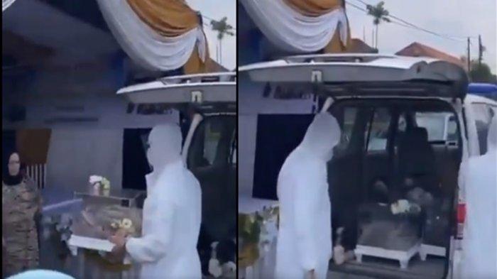 Video satu unit ambulans lengkap dengan suara sirine dan dua orang pakai Alat Pelindung Diri (APD) atau hazmat cuma bawa seserahan pengantin. (Foto: Instagram @sumsel.24jam)