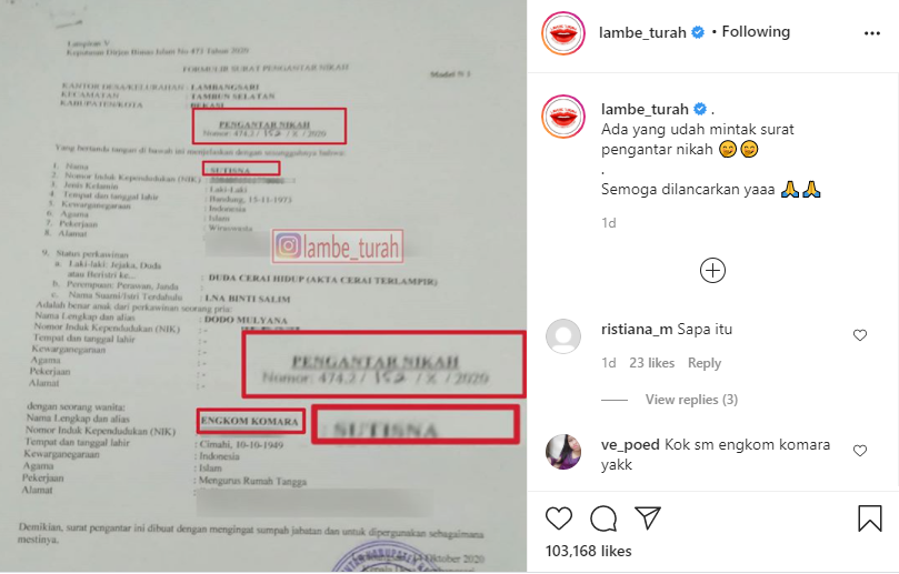 Surat pengantar nikah atas nama Sutisna, nama asli komedian Sule, di akun gosip. (Foto: Instagram @lambe_turah)