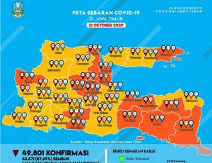 Peta sebaran covid-19 di Jatim per 21 Oktober 2020. 