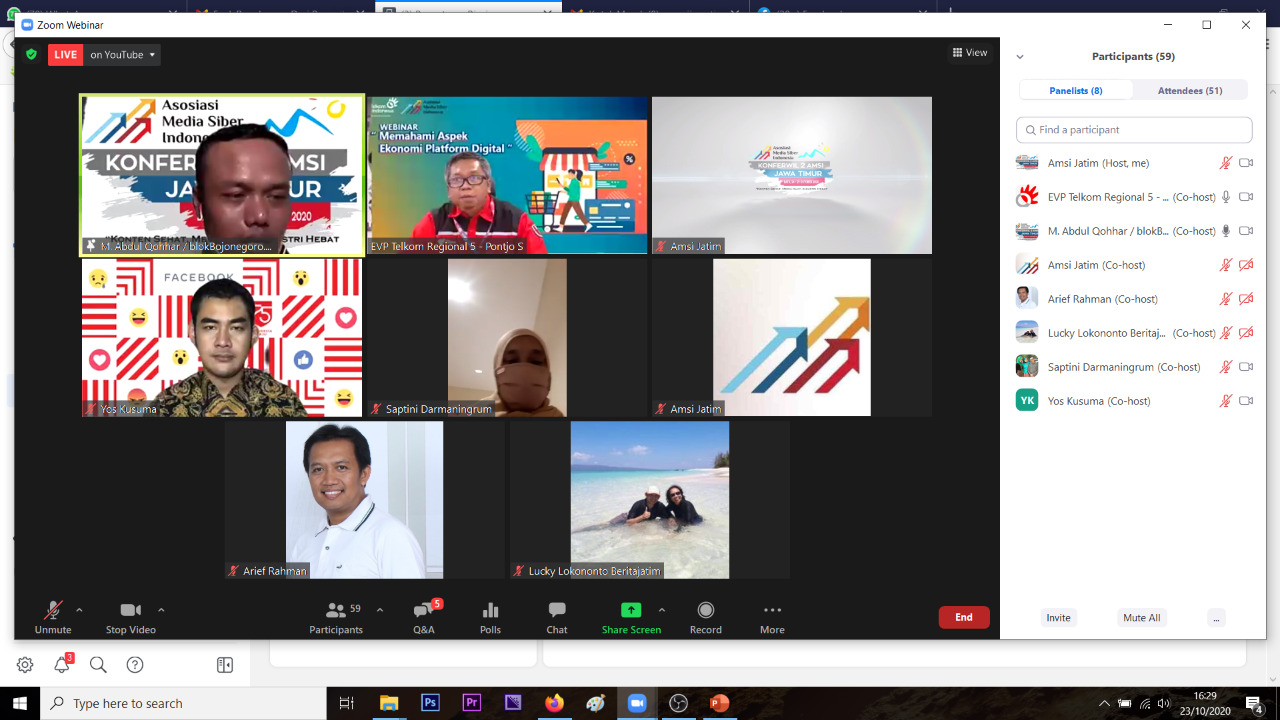 webinar bertema Memahami Aspek Ekonomi Platform Digital, yang digelar dalam rangka Konferensi Wilayah Asosiasi Media Siber Indonesia Jawa Timur, Jumat 23 Oktober 2020.