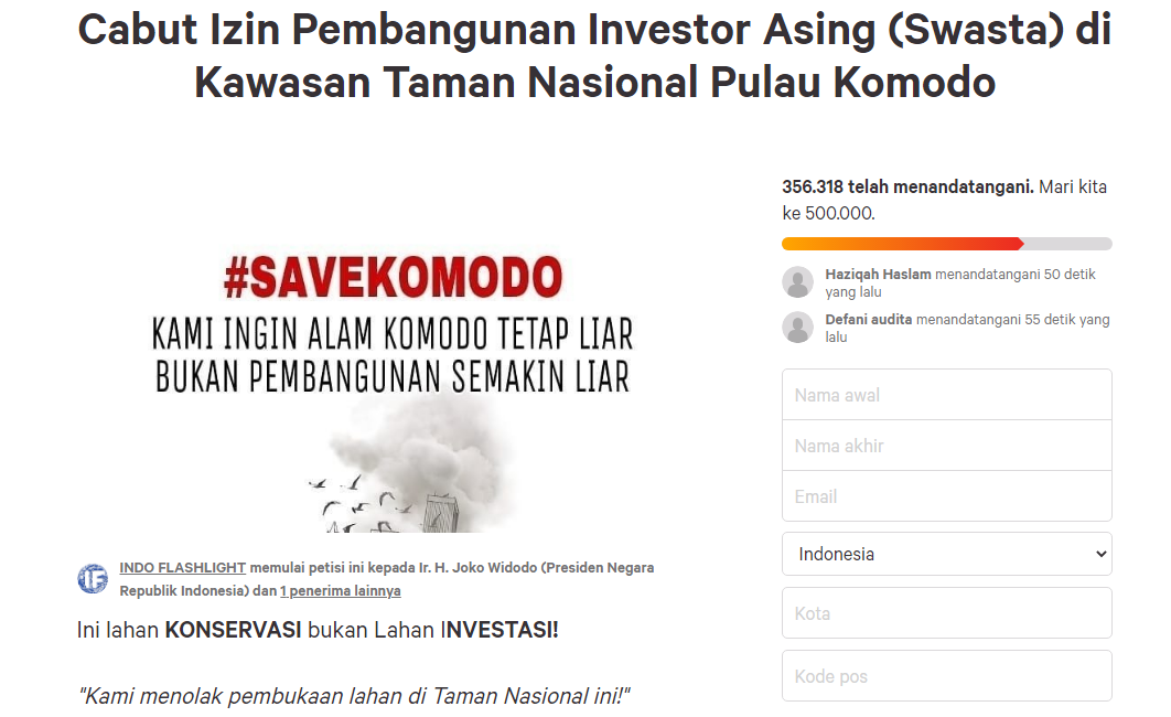 Petisi di change.org mendesak pemerintah mencabut izin pembangunan proyek Jurassic Park. (Foto: Istimewa)